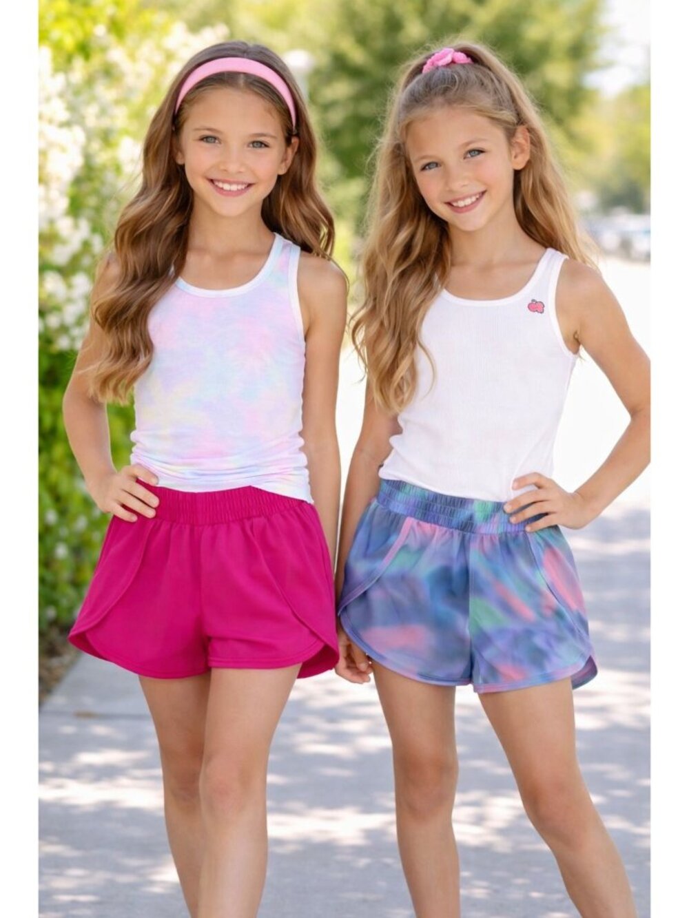 All In Motion size Medium (8) Girl's  2 pair Mid Rise Run Shorts Pink Blue